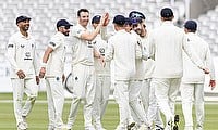 Middlesex captain Toby Roland-Jones celebrates a wicket in their Rothesay County Championship match against Glamorgan at Lord’s.