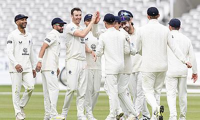 Middlesex captain Toby Roland-Jones celebrates a wicket in their Rothesay County Championship match against Glamorgan at Lord’s.