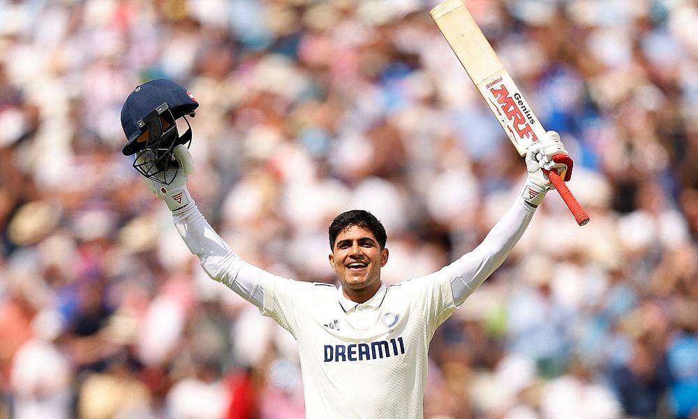 India's Shubman Gill celebrates after reaching 200 runs